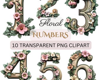 10 PNG, Illuminated Numbers Bundle Card Clipart, Floral Numbers Clipart, Commercial Use, Digital Download (300 dpi), Elegant Invitations