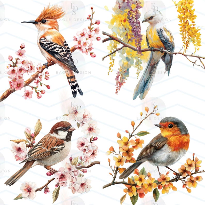 May include: Watercolor illustrations of four birds perched on flowering branches. The birds feature detailed plumage in shades of brown, orange, yellow, and gray. The branches display pink and yellow blossoms, set against a white background with a subtle chevron pattern.