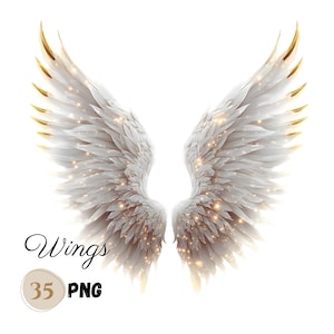 Bundle de clipart ailes d&#39;ange blanc 35 PNG, illustrations d&#39;ailes blanches gris or éthérées, clipart halo, clipart ciel, ailes pétillantes lumineuses