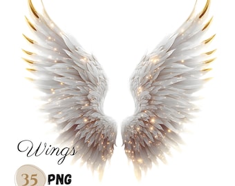 35 PNG White Angel Wings Clipart Bundle, Ethereal Gold Gray White WINGS Illustrations, Halo clipart, Heaven Clipart, Glowing Sparkling Wings