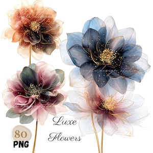 Luxe Watercolor Flowers Clipart: Gold Floral Elements (PNG Digital Download)