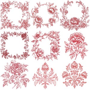May include: Set of ten red floral illustrations, including wreaths, borders, and individual flowers. These vintage-style designs are perfect for adding a touch of elegance to any project.