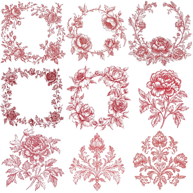 May include: Set of ten red floral illustrations, including wreaths, borders, and individual flowers. These vintage-style designs are perfect for adding a touch of elegance to any project.