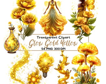 Paquete de 54 imágenes prediseñadas PNG de brillo dorado, fantasía floral amarilla PNG, elementos de luz mágica, arte dorado de niña hada, imágenes prediseñadas de flores brillantes