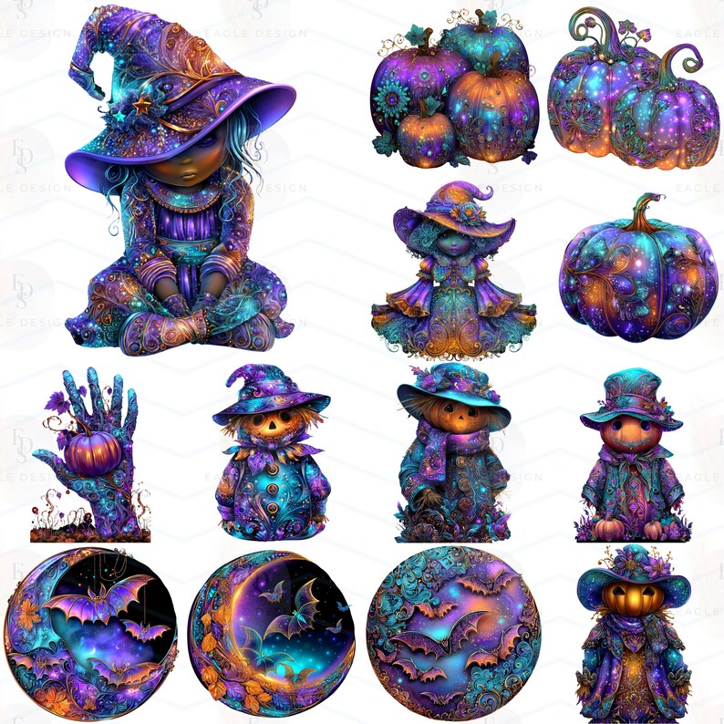 Op de afbeelding: Een verzameling digitale kunst met Halloween-thema's. De afbeeldingen bevatten een heks, pompoenen, vogelverschrikkers en maanontwerpen. Het kleurenpalet wordt gedomineerd door tinten paars, blauw en oranje, met ingewikkelde details en een grillige stijl.