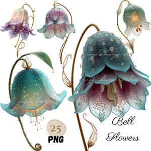 25 PNG roxo verde abstrato sino FLORES clip arts, ilustrações florais PNG de fantasia, flores brilhantes em aquarela, elementos de arte digital