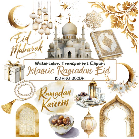100 PNG Islamic Gold and White Watercolor Clipart Bundle | Ramadan and Eid Clipart | Luxury Mosque, Lantern, Crescent, Arabic Decor. Quran