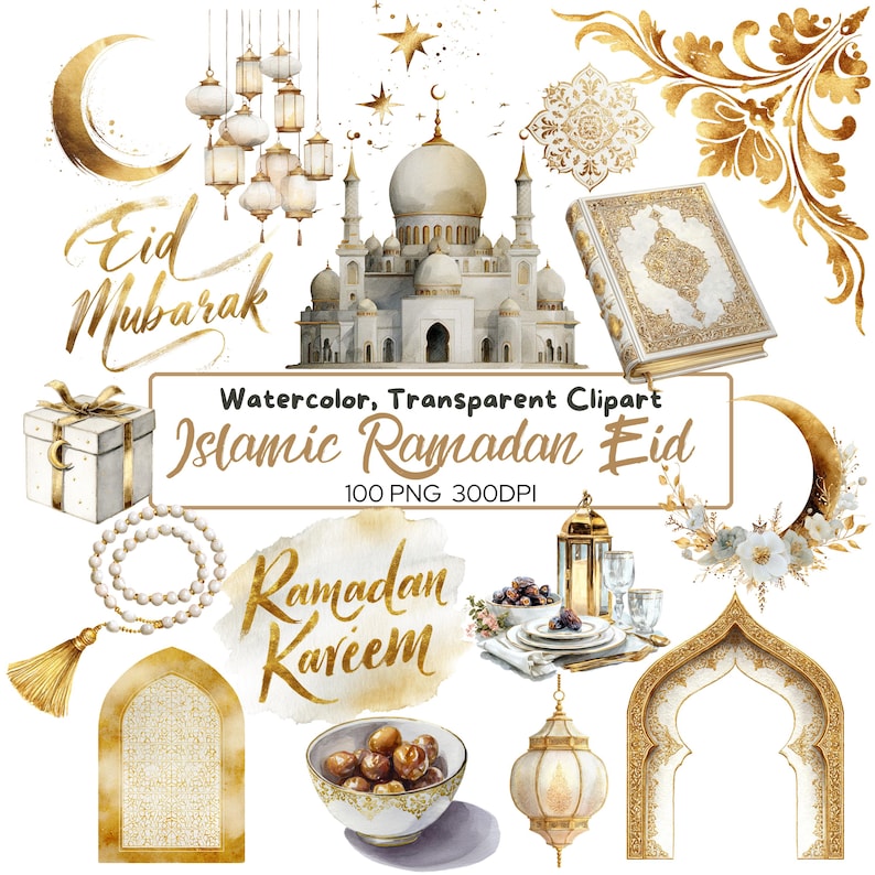 Puede incluir: Conjunto de im&aacute;genes predise&ntilde;adas de acuarela con elementos isl&aacute;micos de Ramad&aacute;n Eid. Incluye una mezquita, linternas, lunas crecientes, una caja de regalo, un rosario, un cuenco de d&aacute;tiles y texto decorativo. La paleta de colores es dorada, blanca y beige.