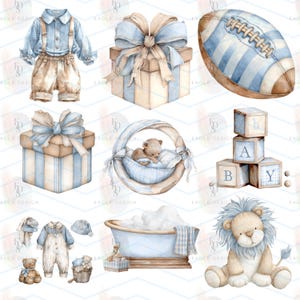 May include: Watercolor illustrations of baby-themed items. Includes a blue and tan outfit with suspenders, gift boxes with blue bows, a blue and white striped football, baby blocks spelling "BABY", a baby in a bassinet, a lion, and a bathtub.