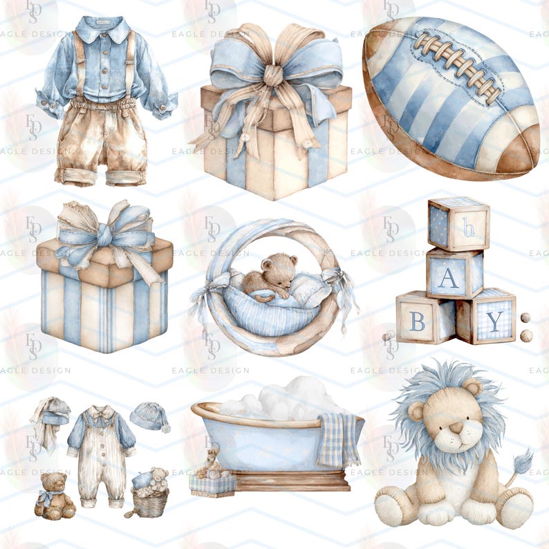 May include: Watercolor illustrations of baby-themed items. Includes a blue and tan outfit with suspenders, gift boxes with blue bows, a blue and white striped football, baby blocks spelling "BABY", a baby in a bassinet, a lion, and a bathtub.