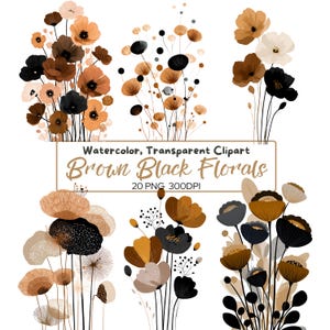 20 PNG Clipart Floral Marrom Preto Aquarela | Flores Modernas em Negrito PNG, Fundo Transparente, Flores Digitais para Artesanato e Design Vetorial
