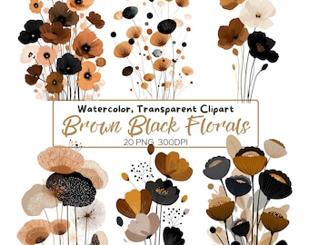 May include: Watercolor clipart featuring brown and black floral arrangements. The image includes various flower designs in shades of brown, black, and cream, with delicate stems and leaves. Text on the image reads "Watercolor, Transparent Clipart Brown Black Florals 20 PNG 300DPI."