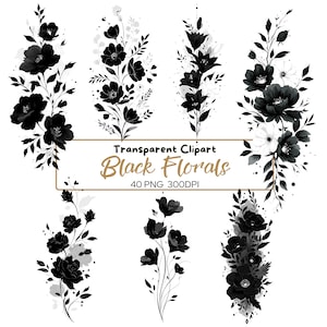 40 PNG CLIPART BLUMEN Schwarze Vektorblumen (kommerzielle Nutzung, bündeln, digital transparent, Blumen-, Hochzeitselemente) Monochrom, Tattoo-Stil
