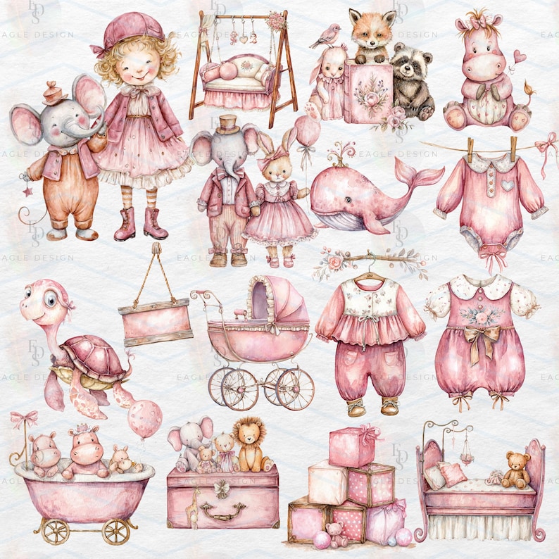 Pink Baby Shower Watercolor Clipart Bundle: 150+ Vintage Nursery PNG ...