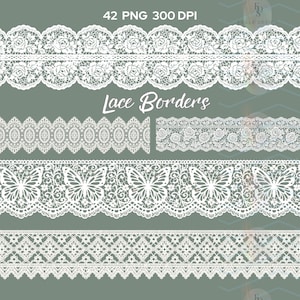 Può includere: Una collezione di bordi in pizzo bianco con vari motivi, tra cui rose, farfalle e forme geometriche. Il testo 42 PNG 300 DPI e Lace Borders è visibile. Queste risorse digitali mostrano intricati motivi floreali e di insetti.