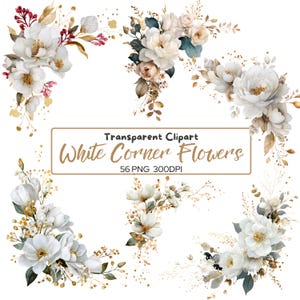 56 PNG WEISSE Gold Aquarell Ecke Border BLUMEN Clip-Arts (300 dpi, kommerzielle Nutzung, Bundle, digital, Aquarell) Hochzeit Blumen Ecke