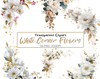 56 PNG  WHITE Gold Watercolor Corner Border FLOWERS clip arts (300 dpi, commercial use, bundle, digital, watercolor) Wedding flowers corner