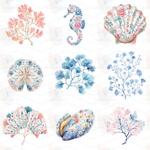 May include: A collection of nine watercolor illustrations featuring marine life and coral. The set includes a pink coral branch, a floral seahorse, a patterned scallop shell, a sand dollar, blue coral, a delicate plant, a fan coral, a shell, and a tree-like coral.