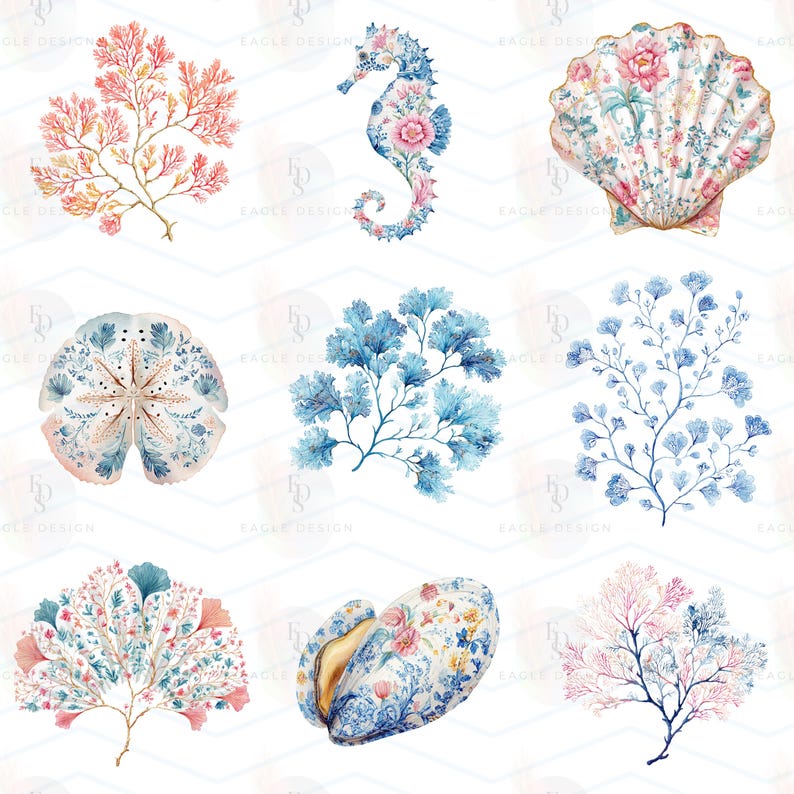 May include: A collection of nine watercolor illustrations featuring marine life and coral. The set includes a pink coral branch, a floral seahorse, a patterned scallop shell, a sand dollar, blue coral, a delicate plant, a fan coral, a shell, and a tree-like coral.