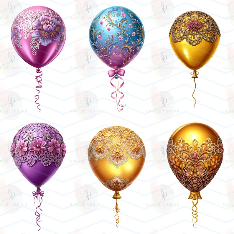Glowing Lace Birthday Balloons Clipart: Elegant PNG Designs (digital ...