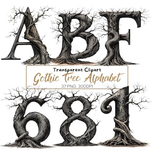 Könnte beinhalten: Digitale Illustration der Buchstaben A, B und F sowie der Zahlen 6, 8 und 1, die jeweils wie knorrige Bäume gestaltet sind. Der Text "Transparent Clipart Gothic Tree Alphabet" ist ebenfalls vorhanden.