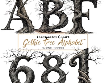 May include: A digital illustration of the letters A, B, and F, and the numbers 6, 8, and 1, each designed to resemble a gnarled tree. The text "Transparent Clipart Gothic Tree Alphabet" is also present.