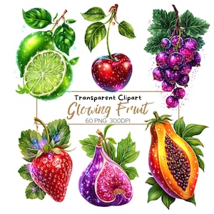 60 PNG Glowing FRUIT Clipart Bundle, Transparent, Neon Sparkle Fruit Graphics, Lemon, Orange, Apple, Strawberry, Plum, Cherry, Lychee, Guava