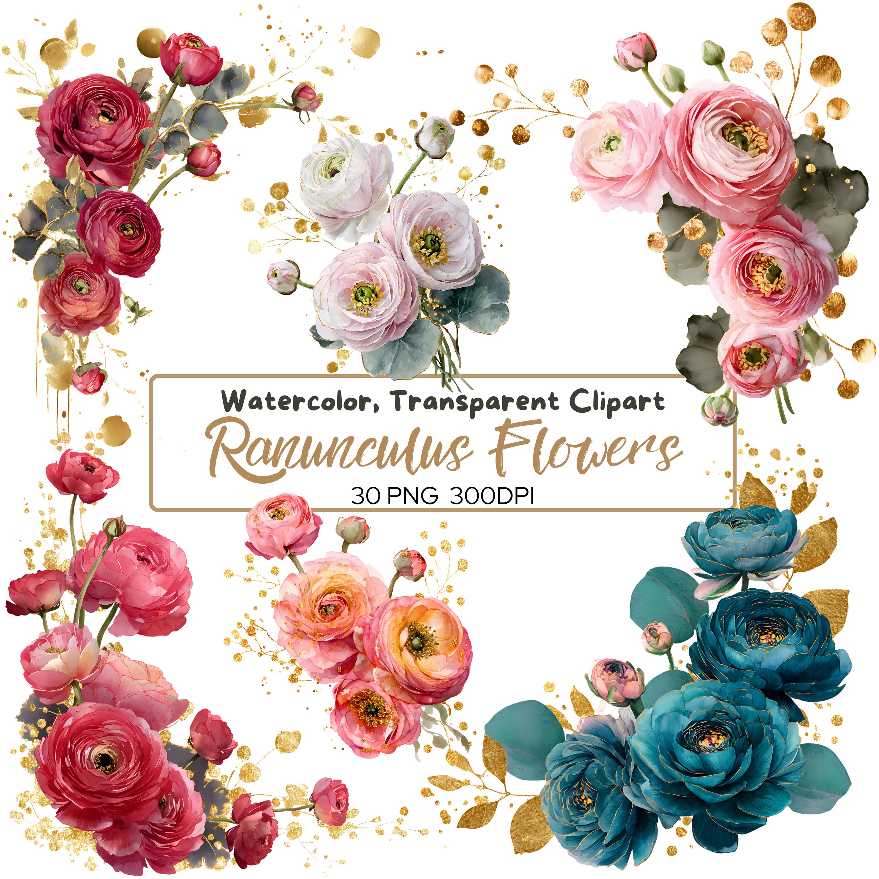 30 PNG Ranunculus Flower Clipart, Red Burgundy Gold Wedding Florals ...