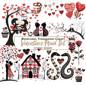 57 PNG VALENTINE'S Clip arts em aquarela, Amor, Animais apaixonados, design xadrez, corações, rosas, bolinhas, pássaros, 300 dpi, uso comercial