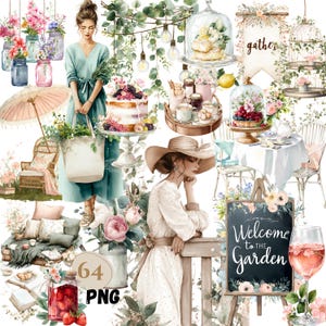 64 PNG GARDEN Party, Aquarell Clipart, Floral Greenery Garten Cliparts, Sommerzeit Cliparts, Aquarell Elegantes Picknick, Illustration