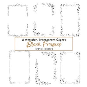 32 PNG NERO cornice vettoriale, cornice clipart, clip art trasparente, uso commerciale, cornice nera, cornici floreali, cornici minimaliste PNG
