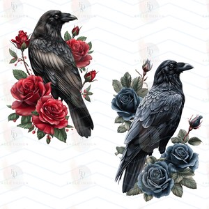 May include: Two illustrations of black ravens with roses. One raven is surrounded by red roses, the other by blue roses. The artwork has a gothic or fantasy theme, with the words "EAGLE DESIGN" in the background.