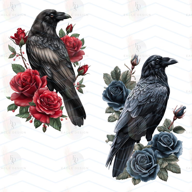 May include: Two illustrations of black ravens with roses. One raven is surrounded by red roses, the other by blue roses. The artwork has a gothic or fantasy theme, with the words "EAGLE DESIGN" in the background.