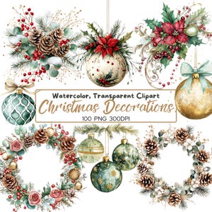 100 png klassieke kerstversieringen clipart | Vintage kerstversieringen | Digitale download voor knutsel- en doe-het-zelfprojecten, kerstarrangement