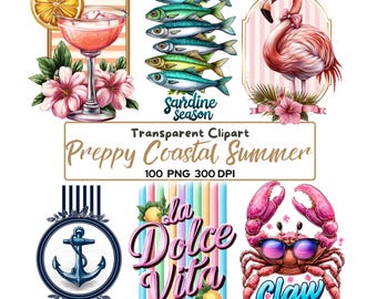 Paquete de 100 imágenes prediseñadas PNG de estilo preppy costero veraniego / Imágenes PNG de playa náutica / Diseños retro de limones y mar / Paquete para sublimación y pegatinas