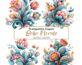 Boho Floral Clipart PNG Bundle: 28 Watercolor Pastel Flowers (Digital Download)