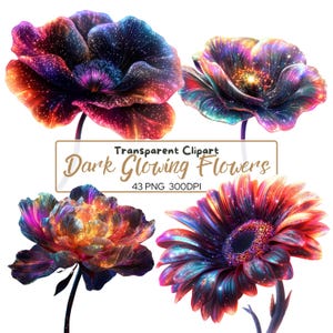 43 PNG Dark GLOWING FLOWERS clip arts (300 dpi, do użytku komercyjnego, pakiet, cyfrowy, ilustracja) Świecące kwiaty, błyszczące, róże, piwonia, irys