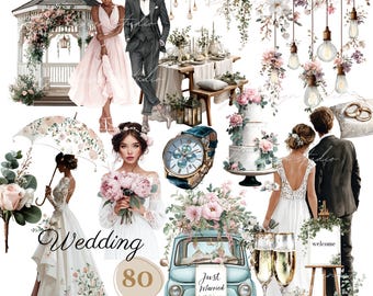 Paquete de imágenes prediseñadas de boda en acuarela: elegantes ilustraciones florales (80 PNG descarga digital)