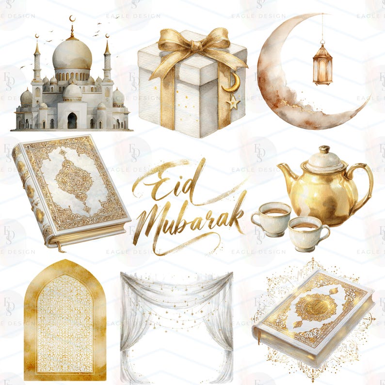 Puede incluir: Ilustraci&oacute;n en acuarela con elementos de Eid Mubarak. Incluye una mezquita, una caja de regalo, una luna creciente con una linterna, un libro adornado, una tetera con tazas y el texto "Eid Mubarak" en oro.
