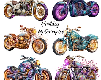 Paquete de 47 imágenes prediseñadas JPG de motocicletas, motocicletas de fantasía, ilustración de chopper vintage, arte de motos personalizadas, conjunto de imágenes prediseñadas de motociclistas, vehículos imprimibles