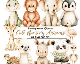 Cute Nursery Animals Clipart Bundle | 64 Watercolor Baby Animal PNG | Nursery Decor Clipart | Baby Shower | Sublimation, Printable, Birthday