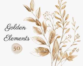 50 PNG GOLDEN Elements Flora clip arts (300 dpi, commercial use, bundle, digital transparent, floral, wedding elements) golden outline