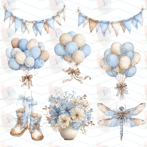 May include: Watercolor illustrations of party decorations and elements in soft blue and beige tones. Includes balloon bouquets, bunting, a floral arrangement in a vase, baby boots, and a dragonfly. The image has a delicate, airy feel.