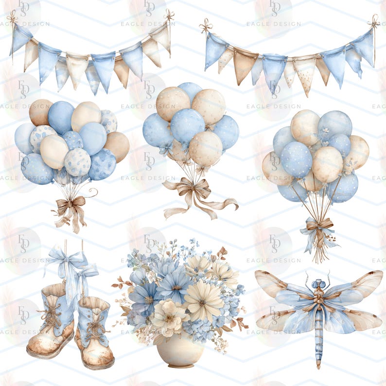 May include: Watercolor illustrations of party decorations and elements in soft blue and beige tones. Includes balloon bouquets, bunting, a floral arrangement in a vase, baby boots, and a dragonfly. The image has a delicate, airy feel.