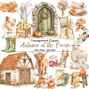Puede incluir: Una colección de ilustraciones en acuarela que incluye un arco de piedra, un granero, una vaca Highland, una oveja con un cordero, un pollo, calabazas, peras en una caja, una regadera, una silla, una escalera y una taza con el texto Autumn at the Farm.
