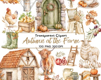 100 PNG Autumn Farmstead Watercolor Clipart, Fall Harvest PNG, Rustic Farm Animals, Pumpkins, Autumn Botanical, Farmhouse Clip Art Bundle