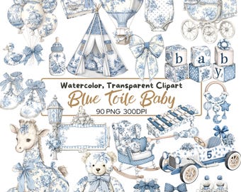 90 PNG Blue Toile Baby Clipart | Watercolor Baby Shower | Vintage French Nursery Decor | Toile De Jouy Clip Art | Floral Chinoiserie