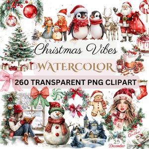 以下が含まれることがあります： 水彩画のクリスマスをテーマにしたクリップアート。サンタクロース、ペンギン、トナカイ、冬の服装の子供たちが描かれています。クリスマスツリー、ギフト、リボン、リース、雪だるま、読書をする女性も含まれています。「Christmas Vibes」、「Watercolor」、および「260 Transparent PNG Clipart」というテキストが含まれています。