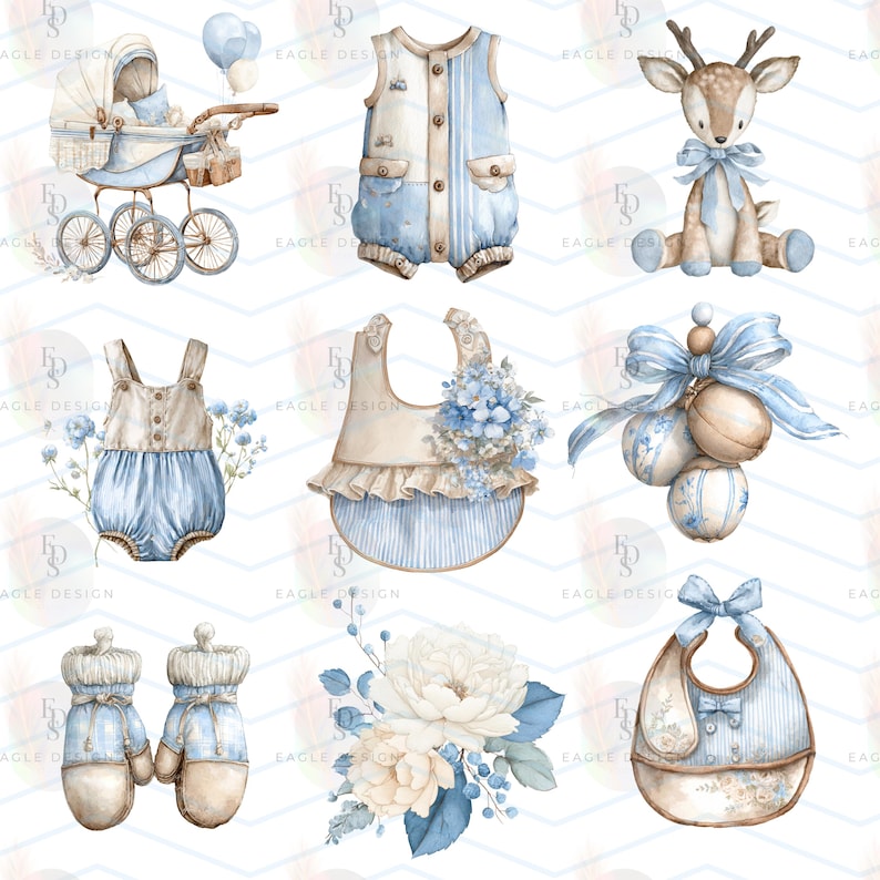 May include: Watercolor illustrations of baby items in soft blue and beige tones. The image includes a baby carriage, a deer plushie, bibs, a romper, mittens, floral arrangements, and decorative ornaments. The overall theme is a vintage baby shower.