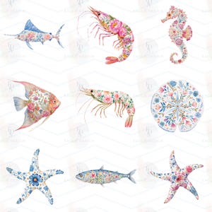 Floral Sea Life Clipart Bundle, Coastal Watercolor Ocean Animals PNG, Nautical Floral Clipart, Jellyfish Crab Lobster Fish Shells, 117 PNG image 7